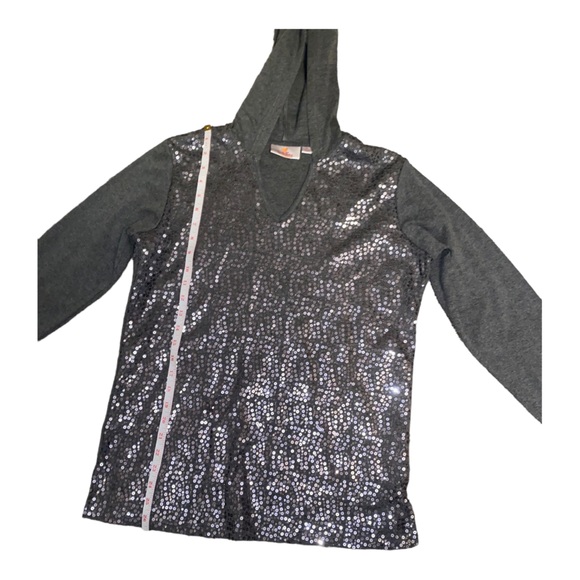 Quacker Factory Sequin Embellished Front Pullover Hoodie V Neck Long Sleeve Sz S - Picture 4 of 7